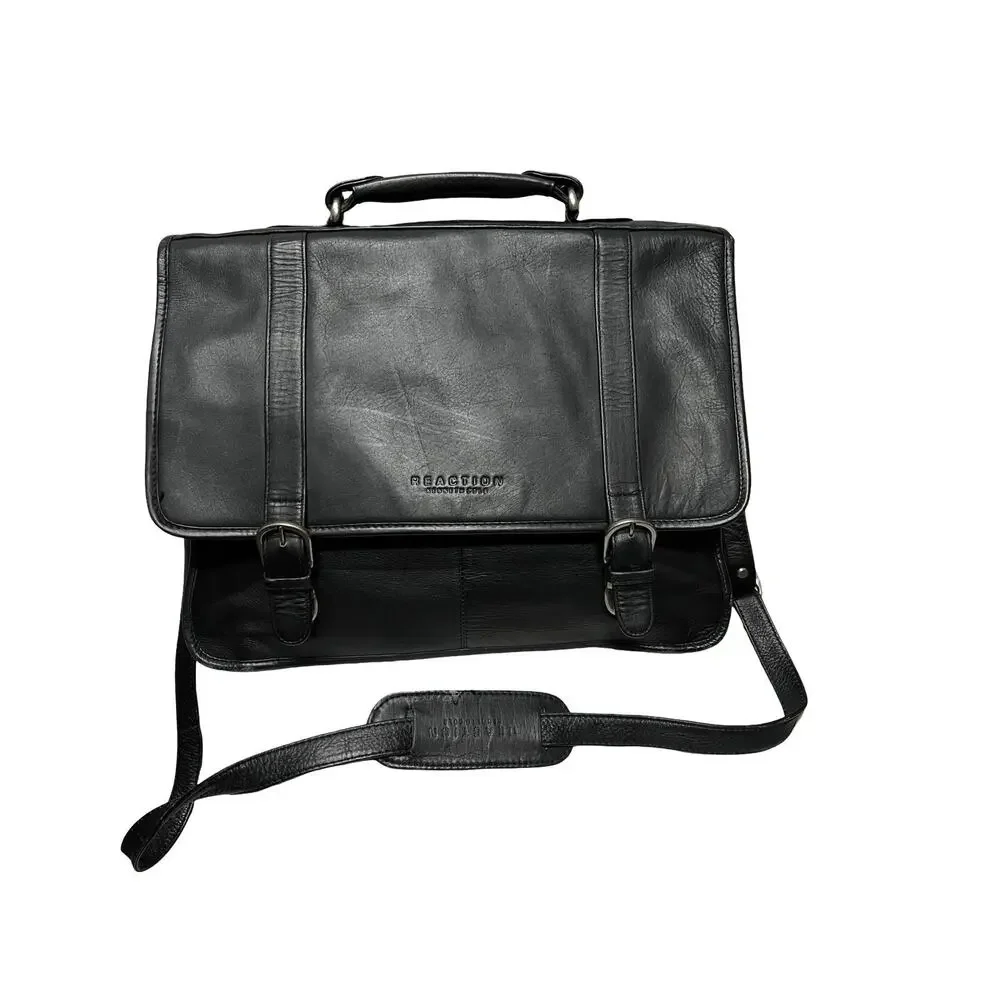 Vtg Kenneth Cole Reaction Black Leather laptop briefcase Messenger Work bag